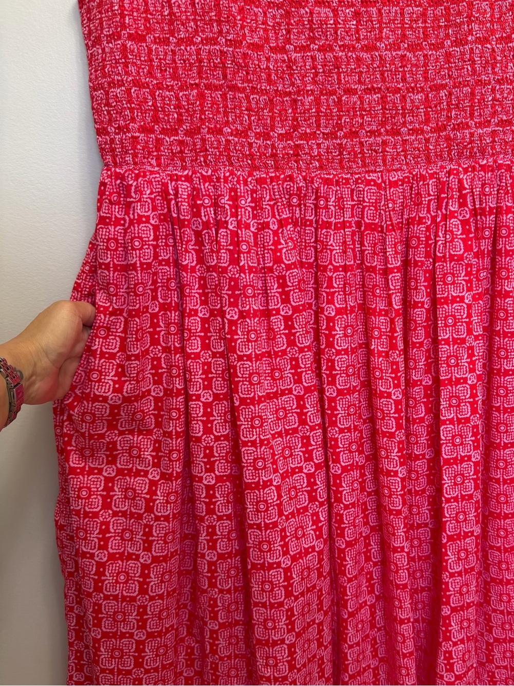 J. Crew NWT Smocked Boat Neck Midi Dress Pockets Sleeveless Red Print Size L NEW - Picture 6 of 10